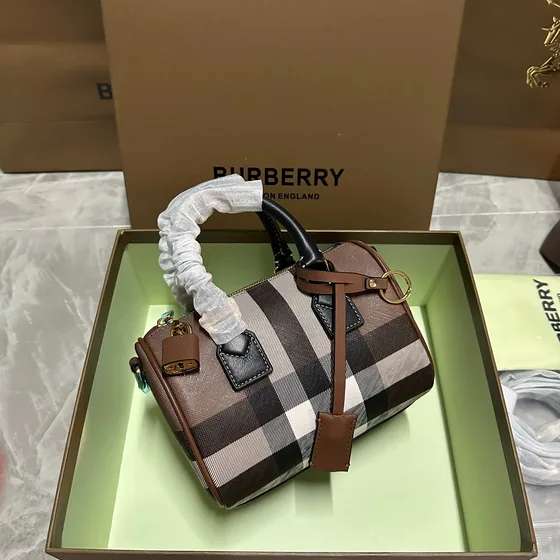 Burberry Check Mini Bowling Bag Brown Birch Check Top Handle