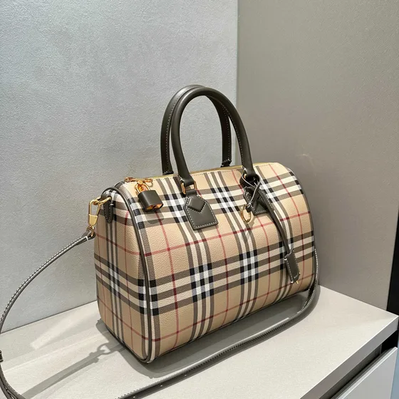Burberry Check Medium Bowling Bag Beige Grey Top Handle