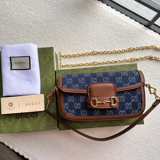 Gucci Gucci Horsebit 1955 Gg Denim Mini Shoulder Bag Dark สีฟ้า Shoulder Bag