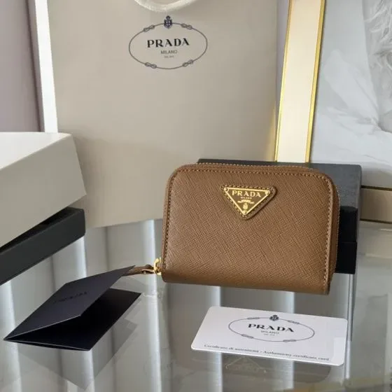 Prada Saffiano Triangle Logo Zip Coin Purse Caramel Brown Coin Purse