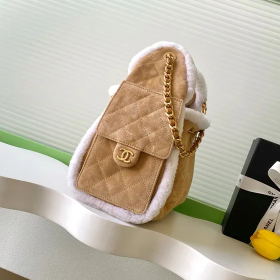 Chanel 25 Small Handbag Shearling Suede Beige Hobo