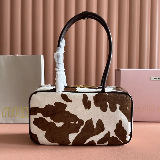 Miu Miu Beau Top Handle Bag Brown And White Cow Print Top Handle