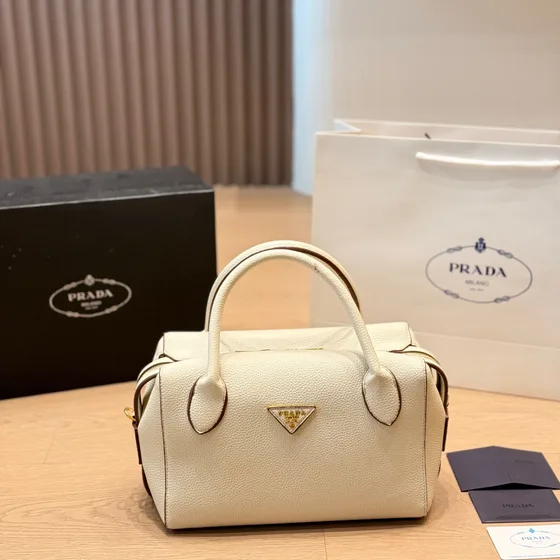 Prada Leather Top Handle Boston Bag White Top Handle