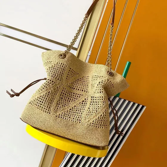 YSL Teddy Raffia Chain Bucket Bag Beige Shoulder Bag