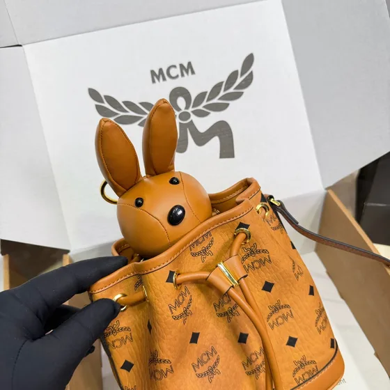 MCM Zoo Rabbit Drawstring Bucket Bag Cognac Crossbody