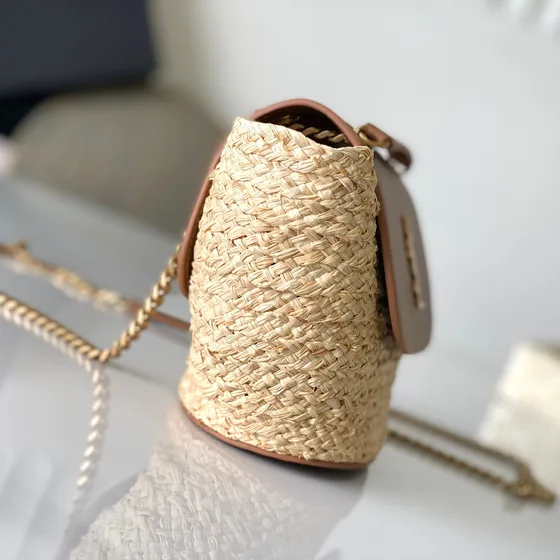 YSL Kate Raffia Chain Bag Natural Beige/Coklat Shoulder Bag