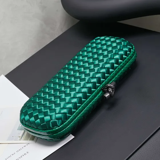 Bottega Veneta Intreccio Satin Knot Clutch Emerald Green Clutch
