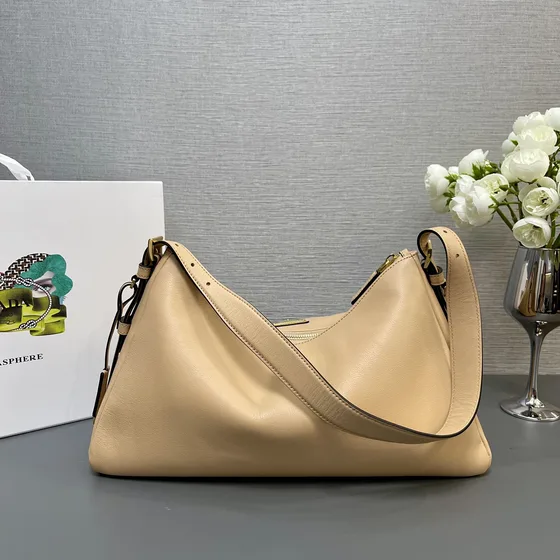 Prada Large Leather Shoulder Bag Beige Hobo