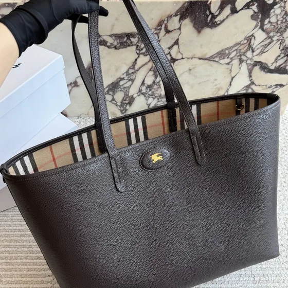 Burberry Check Lined Leather Tote Black Tote Bag