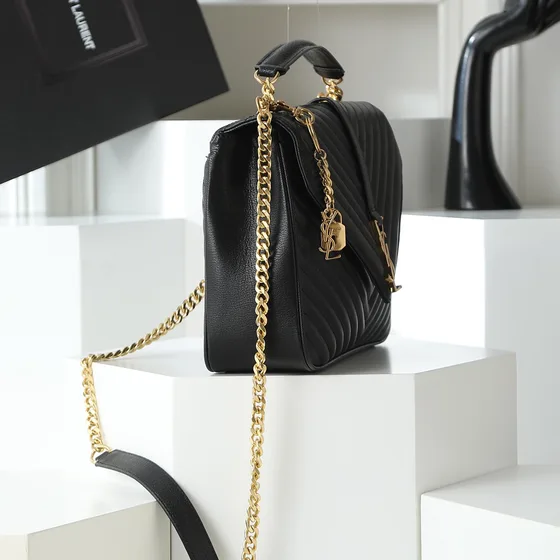 YSL Envelope Large Quilted Grain Skinn Satchel Sort Skulderveske