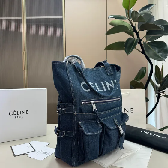 Celine Denim Multi-Pocket Tote Bag Dark Blue Tote Bag