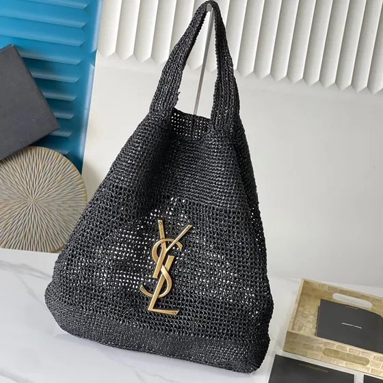 YSL Icare Raffia Tote çanta Siyah Tote çanta