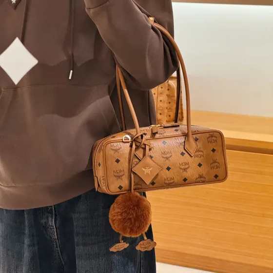 MCM Aren Boston Bag In Visetos Cognac Brown Shoulder Bag