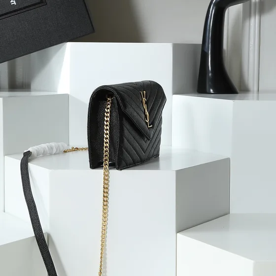 YSL Cassandre Matelass Envelope Chain Wallet Black Woc
