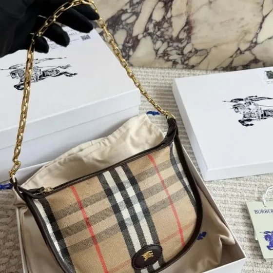 Burberry Check Chain Shoulder Bag Beige Brown Shoulder Bag