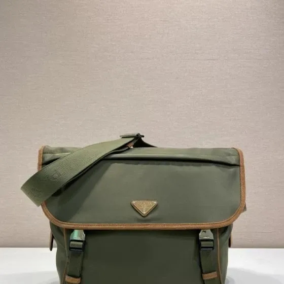 Prada Nylon Messenger Bag With Leather Trim Military Green Crossbody