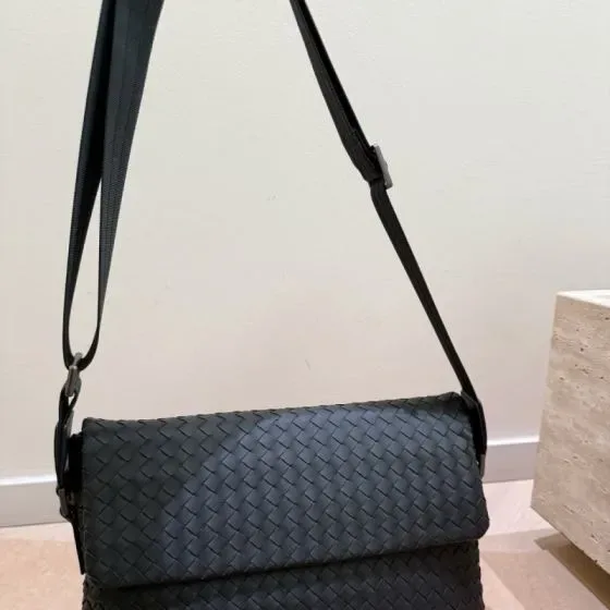 Bottega Veneta Intrecciato Flap Messenger Bag Dark Grey Crossbody
