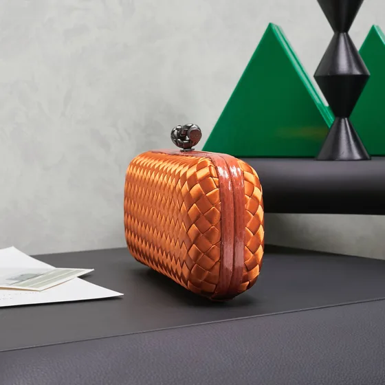 Bottega Veneta Intreccio Satin Knot Clutch Orange Clutch