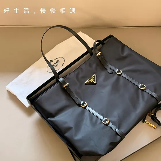 Prada Re-Nylon Tote Bag With Saffiano Leather Trim Black Tote Bag