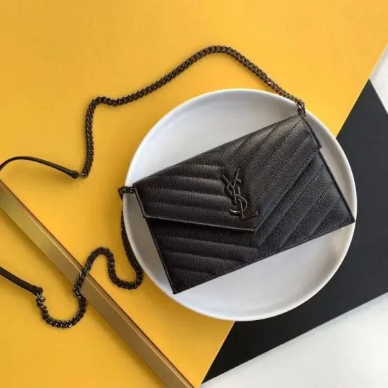 YSL Cassandre Envelope Chain Wallet Black Woc