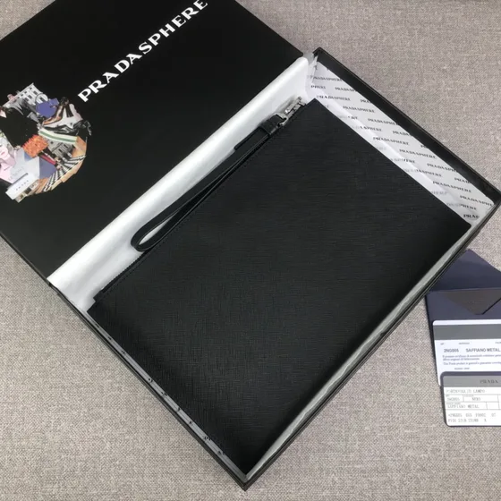 Prada Saffiano Leather Document Holder Black Clutch