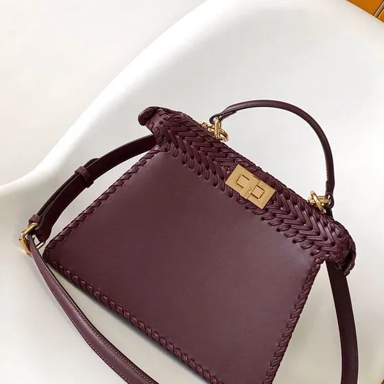 Fendi Peekaboo Iseeu Small Woven Leather Bag Burgundy Top Handle
