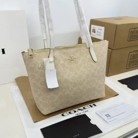 Coach Zip Top Tote In Signature Canvas Light Khaki Chalk Tote Bag