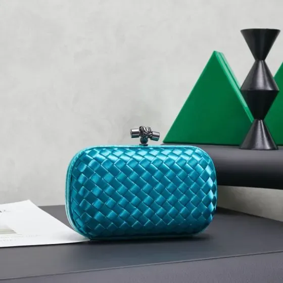 Bottega Veneta Intreccio Satin Knot Clutch Teal Clutch