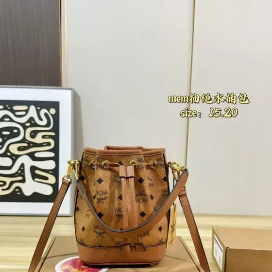 MCM Dessau Drawstring Bucket Bag Cognac Visetos 15 20cm Crossbody Shoulder Bag
