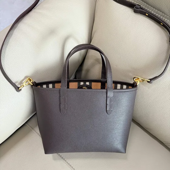 Burberry Check Trimmed Leather Tote Dark Brown Tote Bag