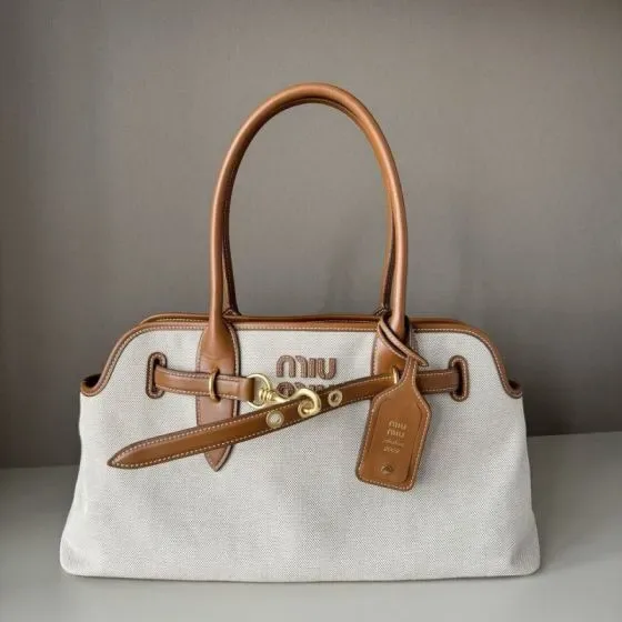 Miu Miu Canvas And Leather Top Handle Bag Beige Brown Top Handle