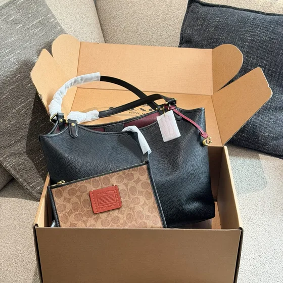 Coach Day Tote Tan Coated قماش Signature/أسود Tote Bag
