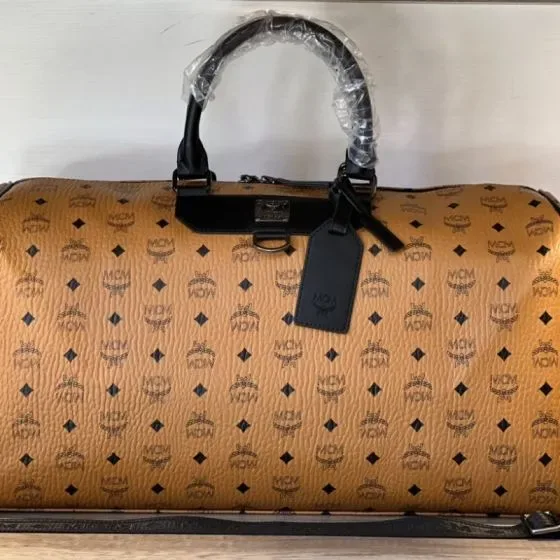 MCM Traveler Visetos Duffle Bag Cognac Top Handle