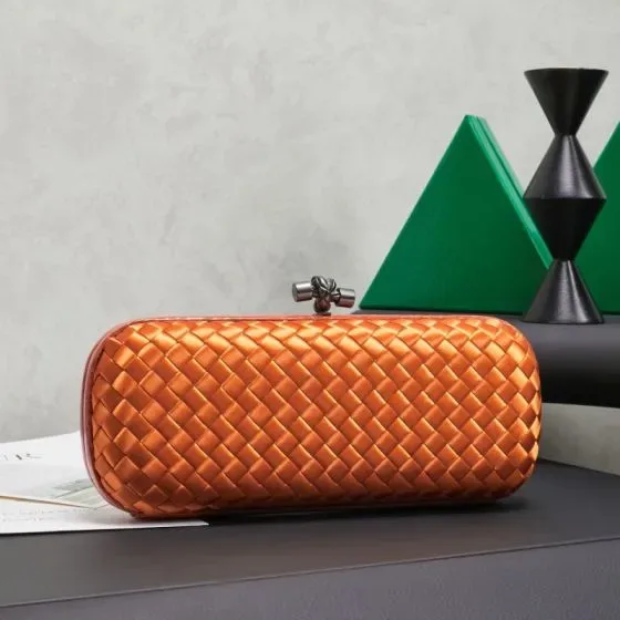 Bottega Veneta Intreccio Satin Knot Clutch Orange Clutch