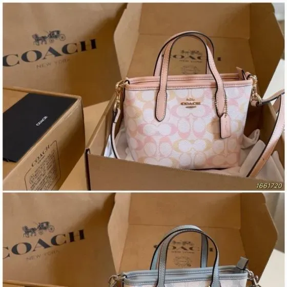 Coach Mini City Tote In Signature Canvas With Heart Print White Pink Tote Bag