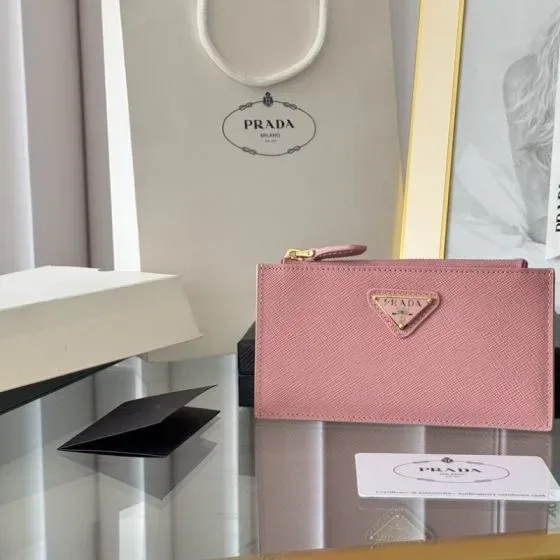 Prada Saffiano Leather Card Holder With Zipper Pocket Pink Card Holder