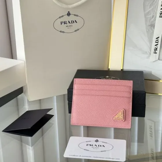 Prada Saffiano Triangle Logo Card Holder Pink Card Holder