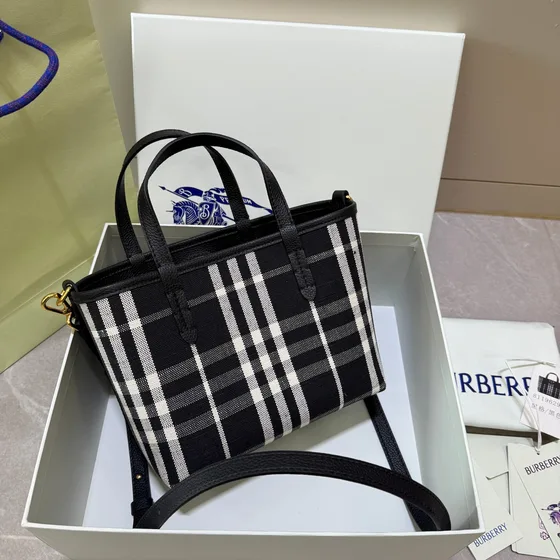 Burberry Mini Horseferry Check Tote Black White Tote Bag