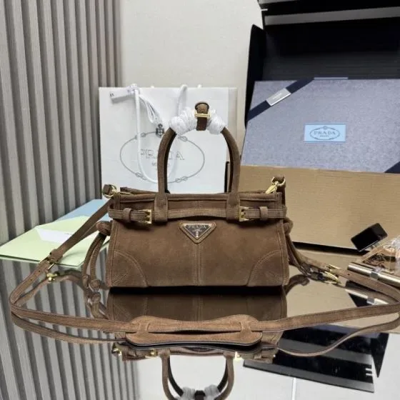 Prada Suede Medium Top Handle Bag With Belt Brown Top Handle