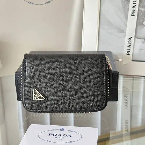 Prada Saffiano Leather Zip Card Holder Black Card Holder