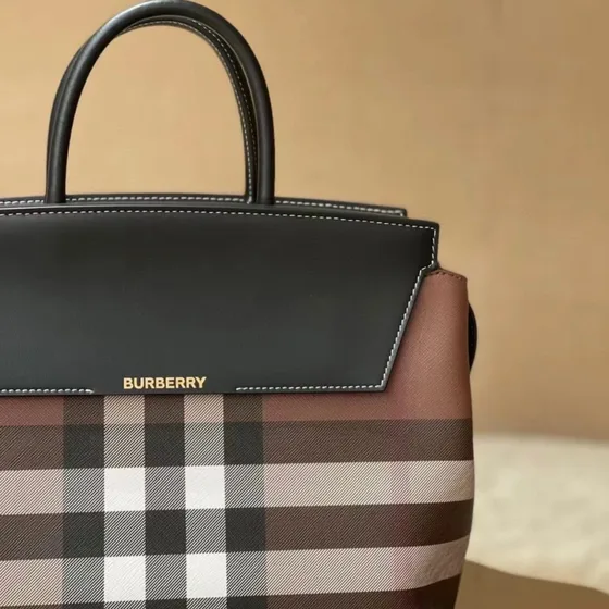 Burberry Check And جلد Top Handle Bag بني/أسود Top Handle