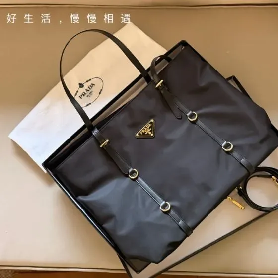 Prada Re-Nylon Tote Bag With Saffiano Leather Trim Black Tote Bag
