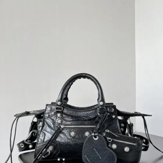 Balenciaga Neo Cagole City Handbag With Rhinestones Black Top Handle
