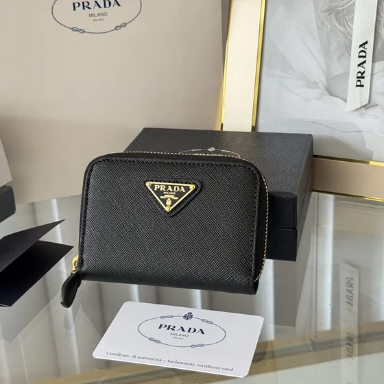 Prada Saffiano Leather Zip Coin Purse Black Coin Purse