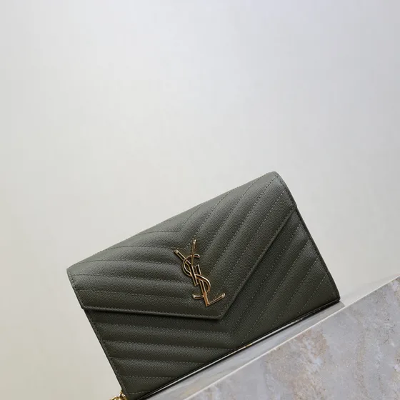 YSL Cassandre Matelass Envelope Wallet On Chain Gray Woc