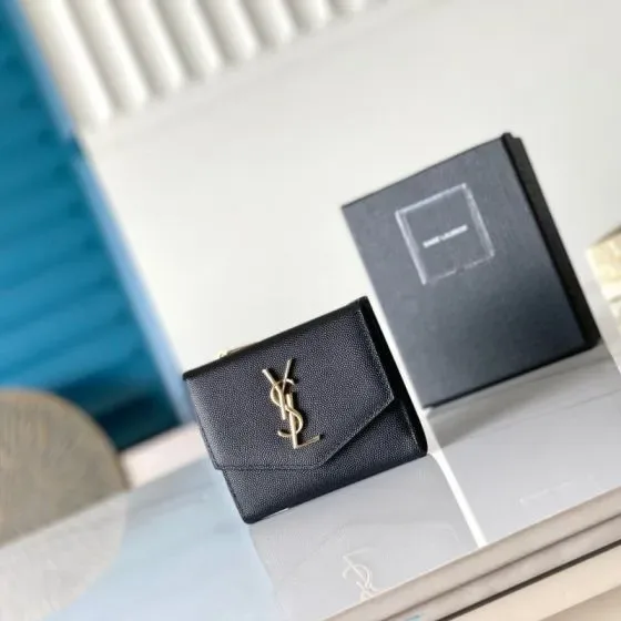 YSL Cassandre Matelass Compact Wallet Black Wallet