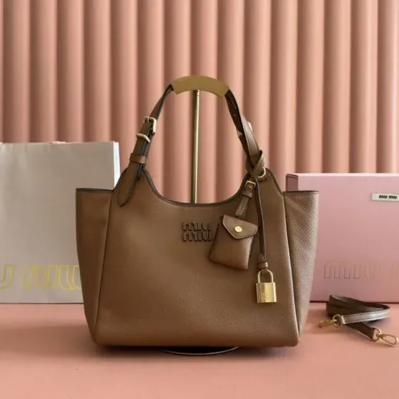 Miu Miu Leather Tote Bag With Detachable Pouch And Padlock Brown Tote Bag