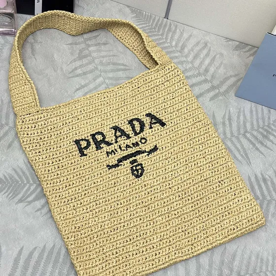 Prada Crochet Raffia Shoppertasketur Natural Beige Shoppertasketur