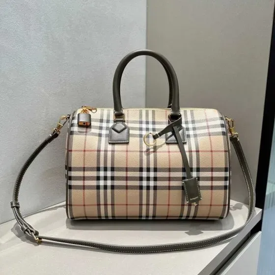 Burberry Check Medium Bowling Bag Beige Grey Top Handle