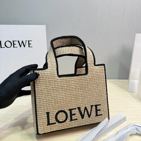 Loewe Logo Raffia Shopperveske Natural Beige With Sort Trim Shopperveske